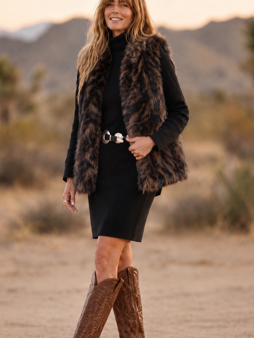 CHICOS One Size Sleeveless Tiger Animal Print Furry Open Front Vest Black Brown